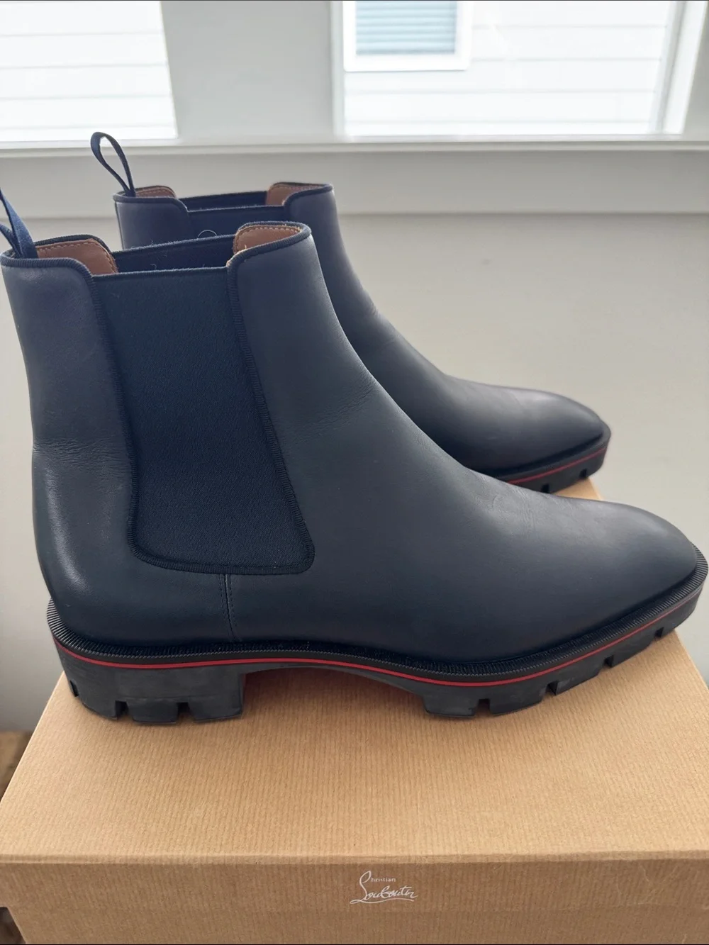 Christian Louboutin Men's Navy Leather Chelsea Boots with Red Trim